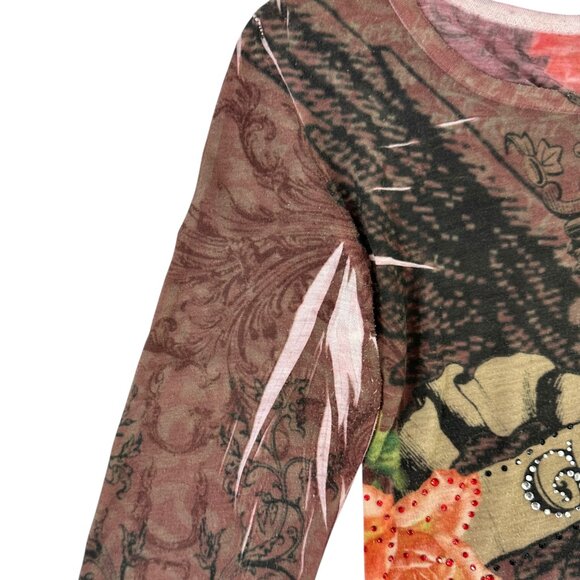 Y2K Vintage GUESS Red Purple Floral Rhinestone Long Sleeve Top sz XS - Picture 4 of 8